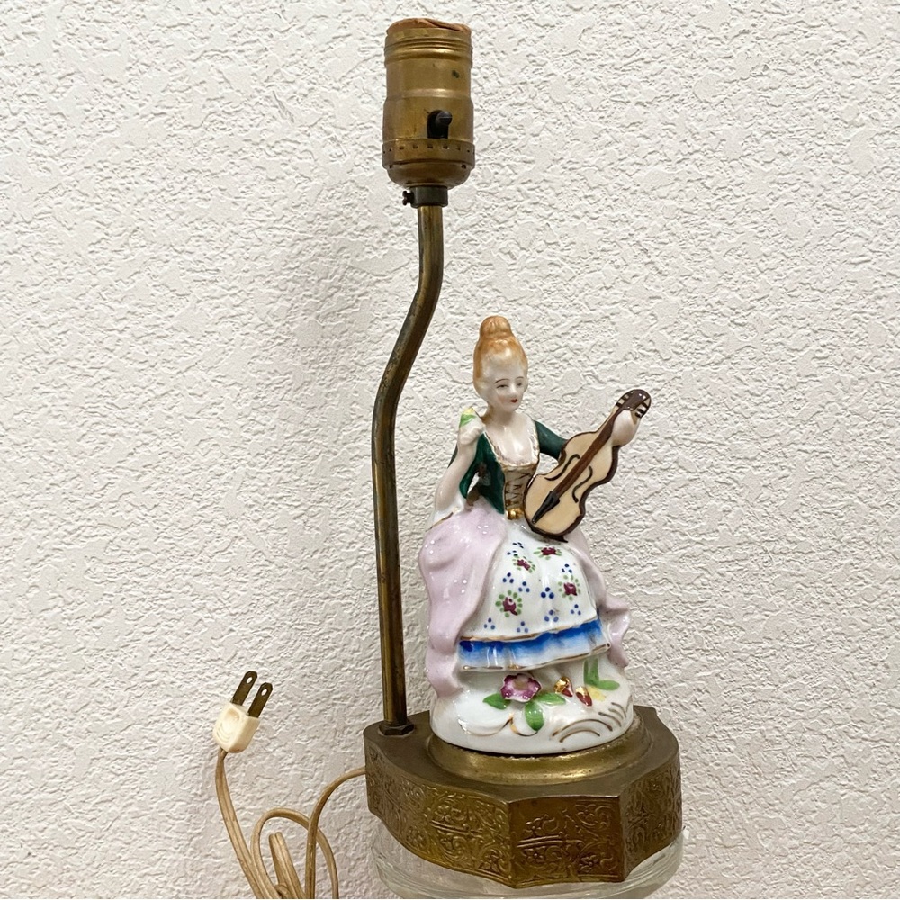 Antique Victorian Lady with Violin Porcelain Decorative Table Lamp